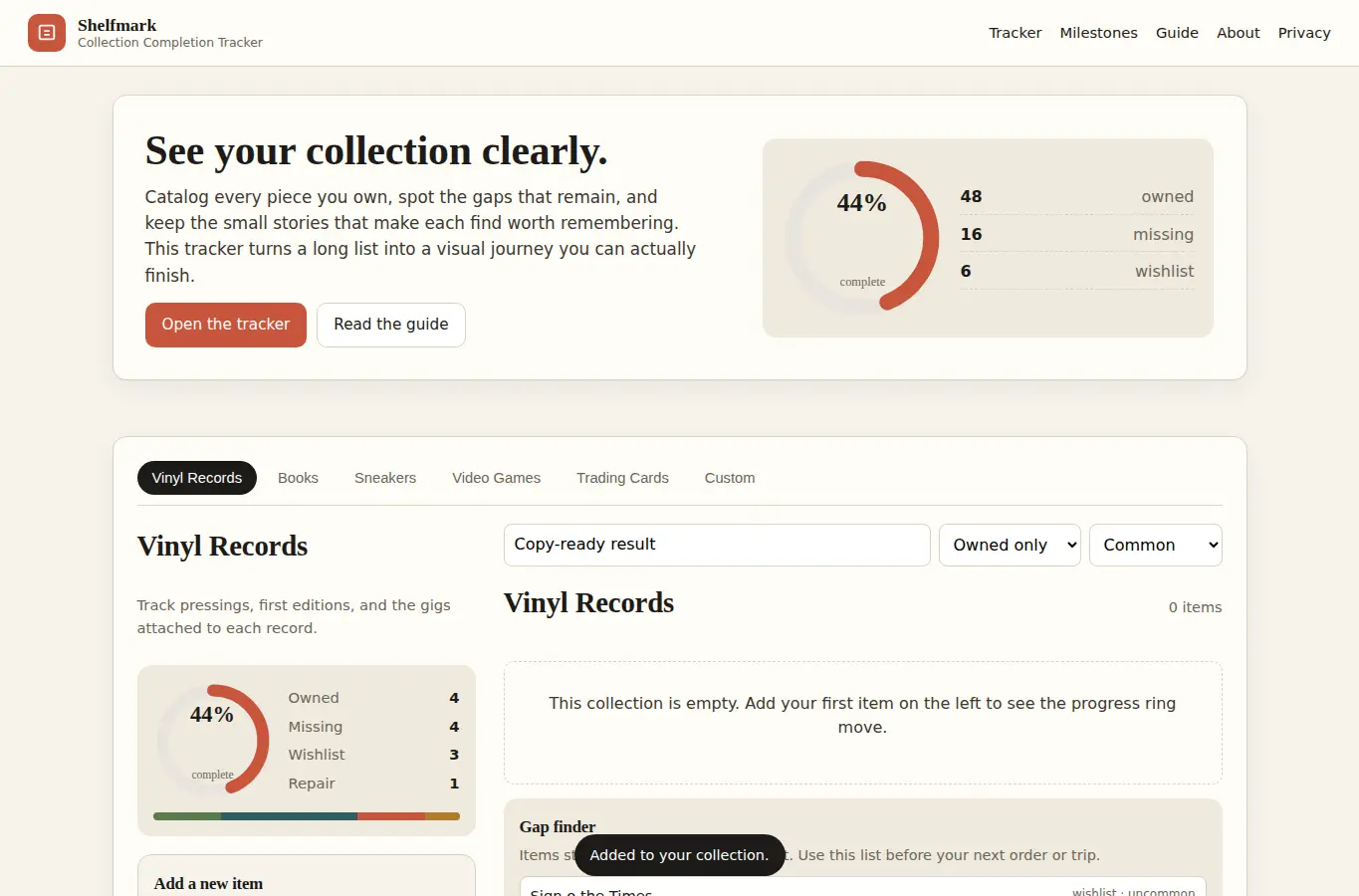 Screenshot of Collection Completion Tracker interface showing the project page in use